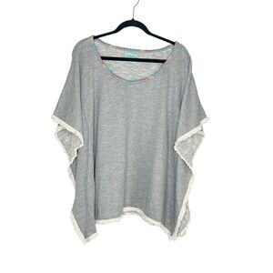 Judith March Embroidered Birds and Flowers Gray and Cream French Terry Poncho